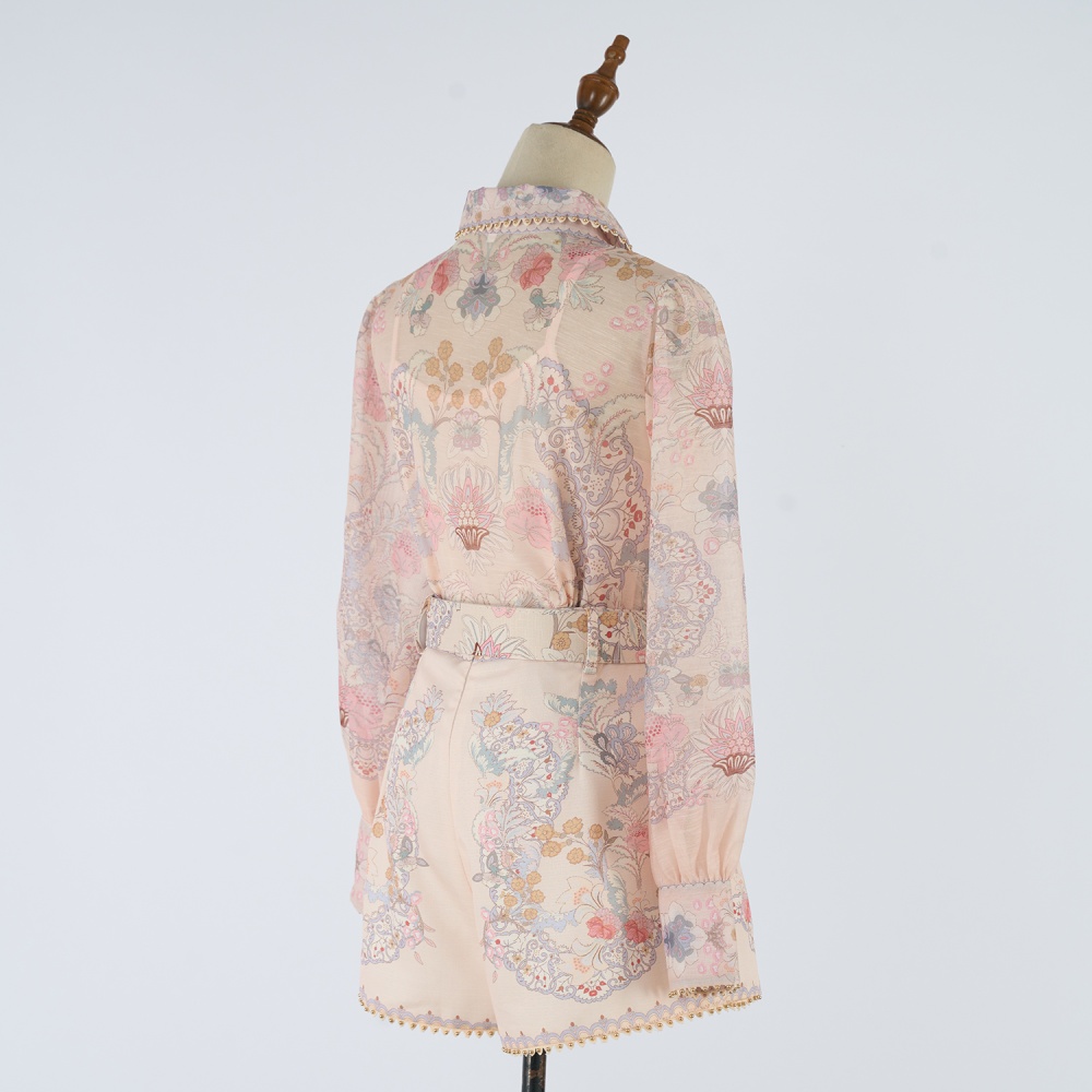 Ladies printing shirt lapel European style shorts a set