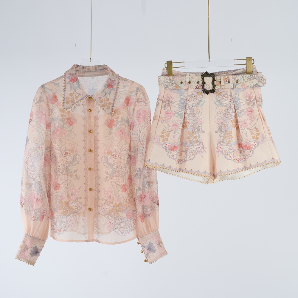 Ladies printing shirt lapel European style shorts a set