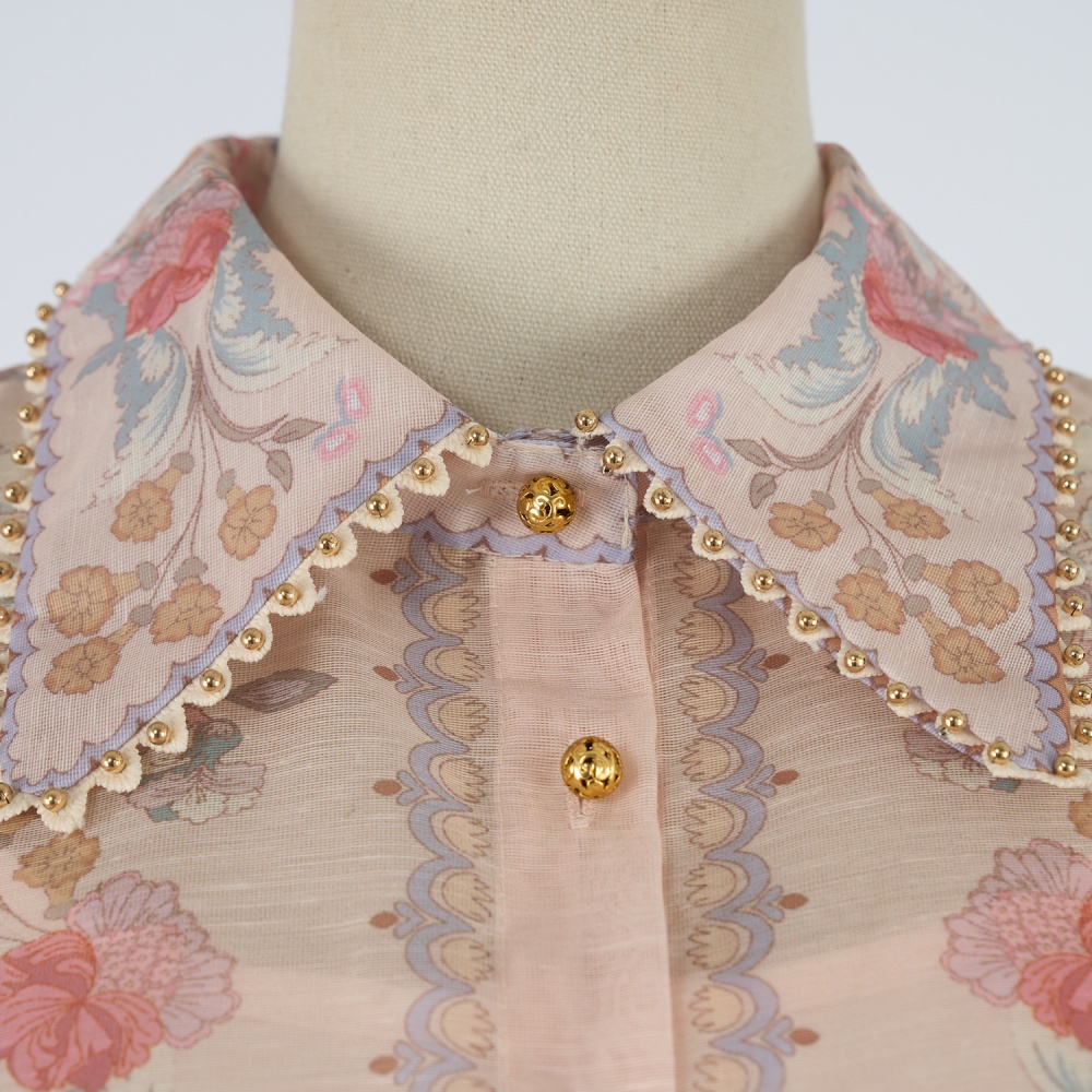 Ladies printing shirt lapel European style shorts a set