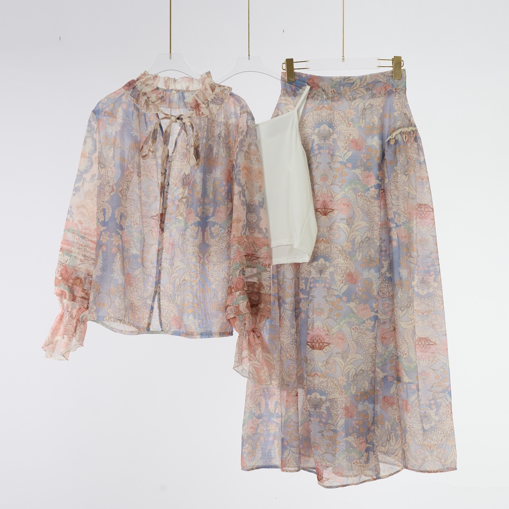 Lapel vacation long skirt long sleeve shirt a set