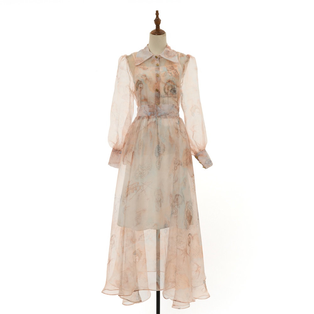 Real silk vacation shirt long sleeve slim skirt a set