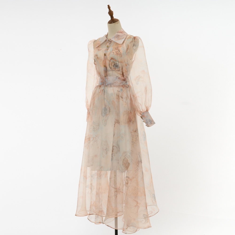 Real silk vacation shirt long sleeve slim skirt a set