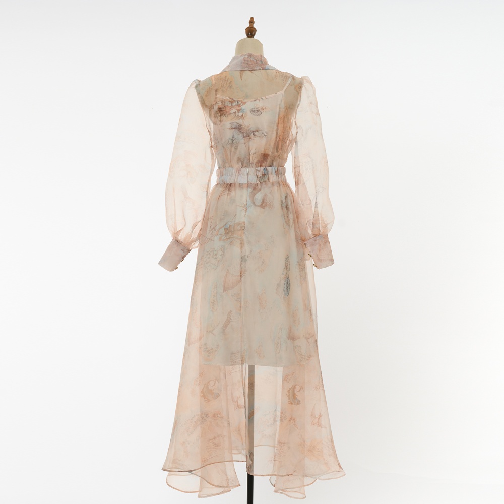 Real silk vacation shirt long sleeve slim skirt a set