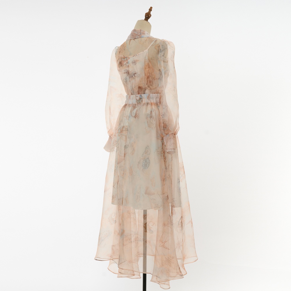 Real silk vacation shirt long sleeve slim skirt a set