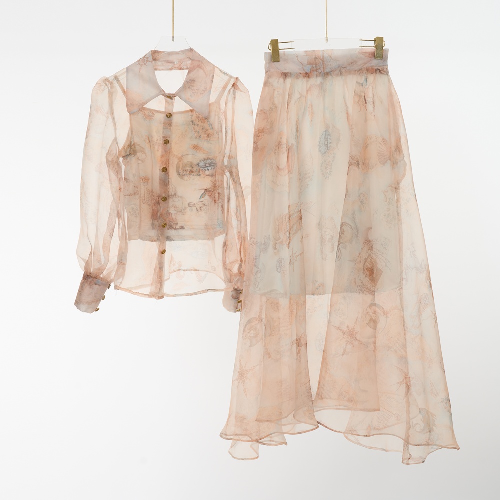 Real silk vacation shirt long sleeve slim skirt a set