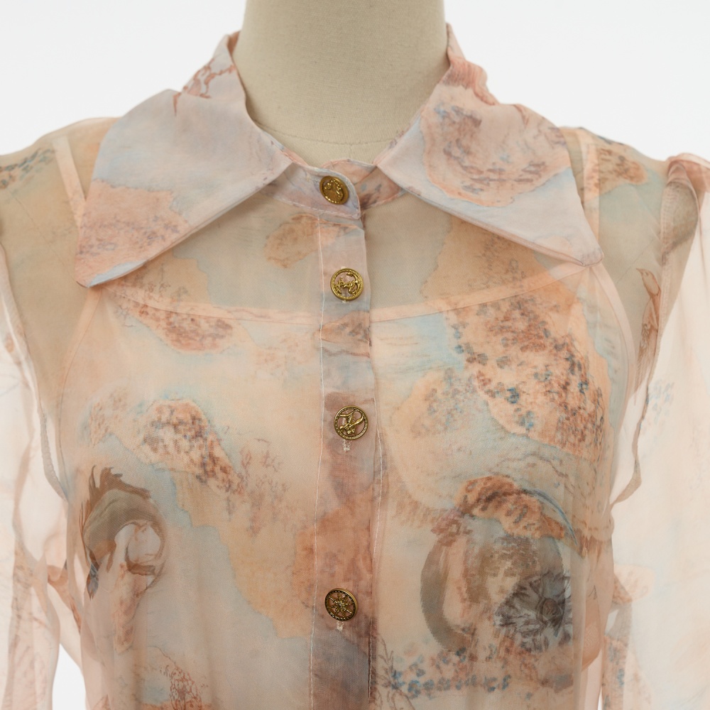 Real silk vacation shirt long sleeve slim skirt a set