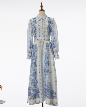 Slim vacation long sleeve shirt long printing skirt a set