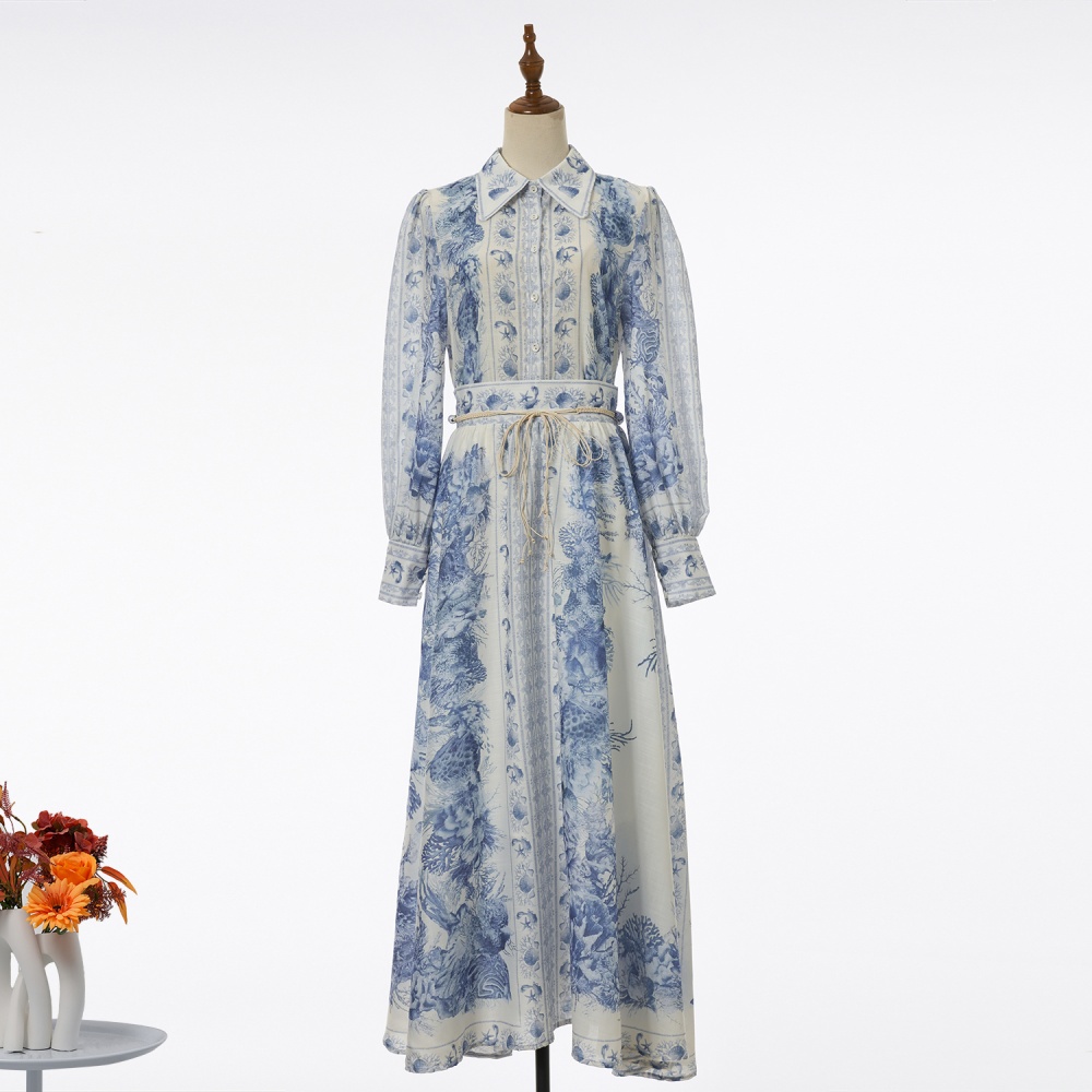 Slim vacation long sleeve shirt long printing skirt a set