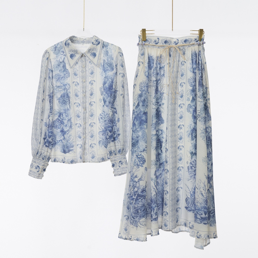 Slim vacation long sleeve shirt long printing skirt a set