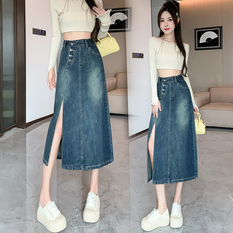 Summer retro long skirt denim skirt for women