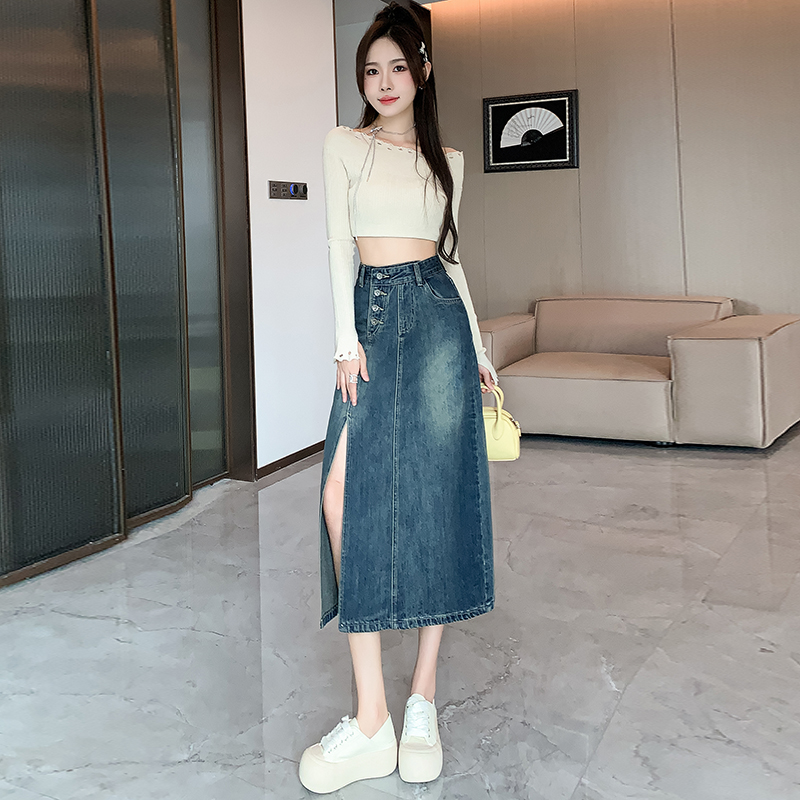 Summer retro long skirt denim skirt for women