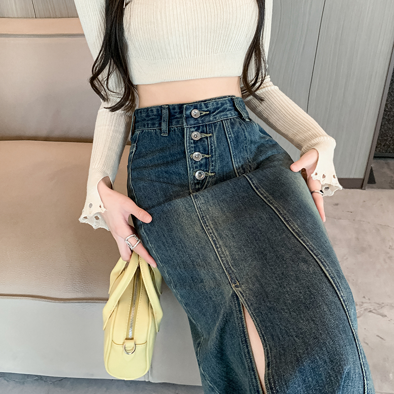 Summer retro long skirt denim skirt for women