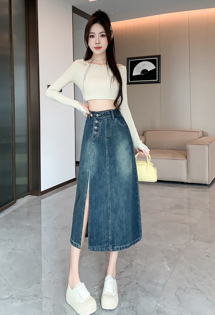 Summer retro long skirt denim skirt for women