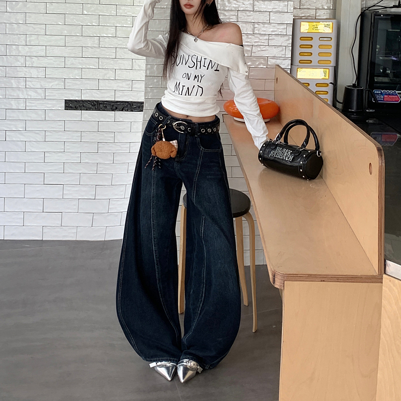 Loose wide leg long pants mopping jeans for women