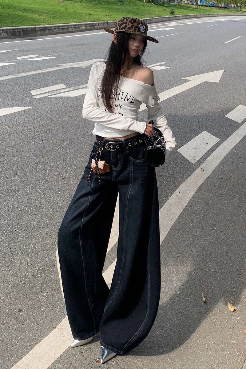 Loose wide leg long pants mopping jeans for women