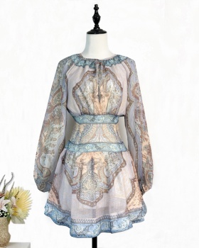 Printing high waist dress elastic waist lantern sleeve T-back