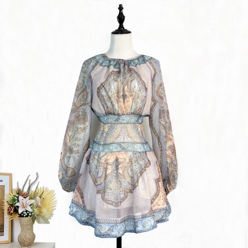 Printing high waist dress elastic waist lantern sleeve T-back