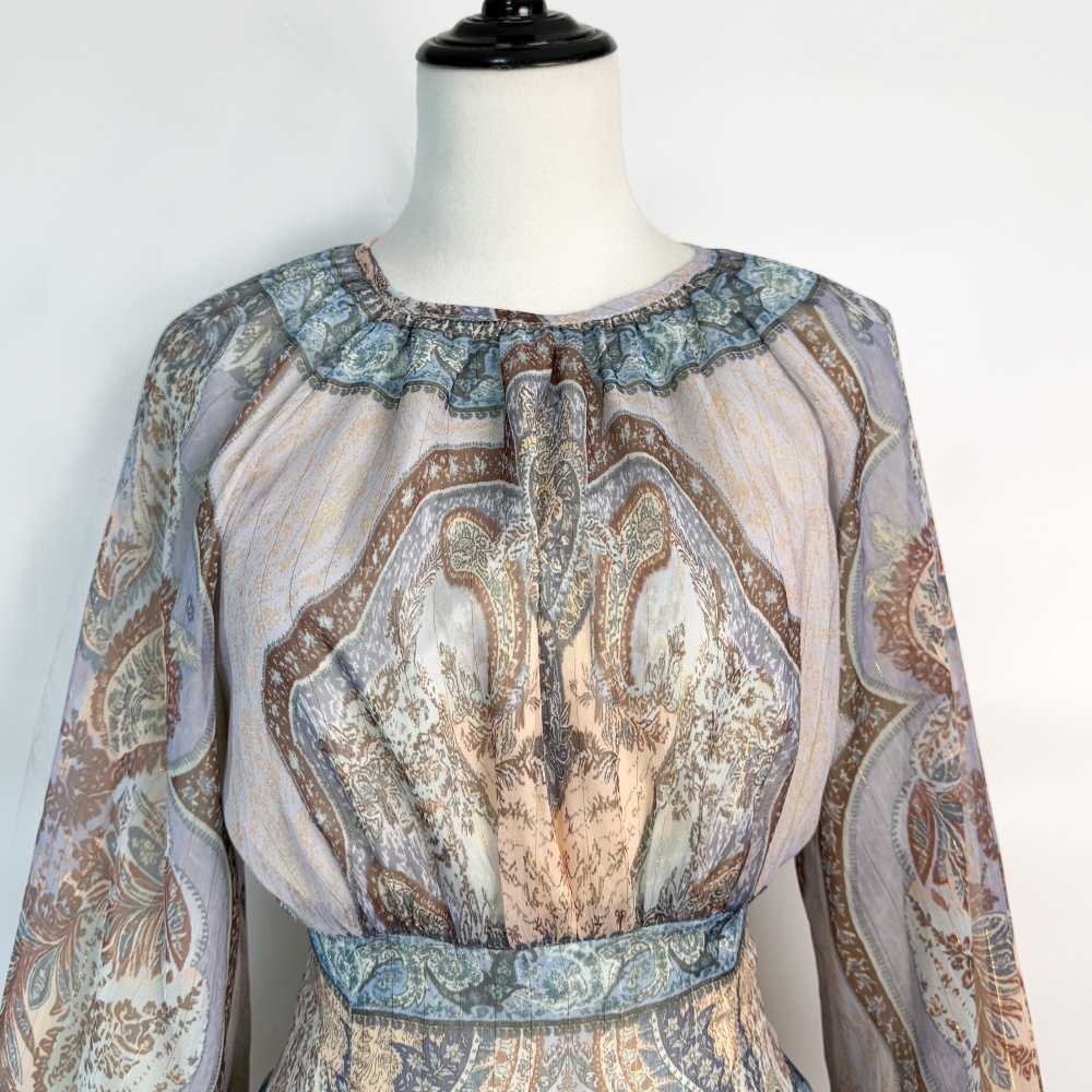 Printing high waist dress elastic waist lantern sleeve T-back