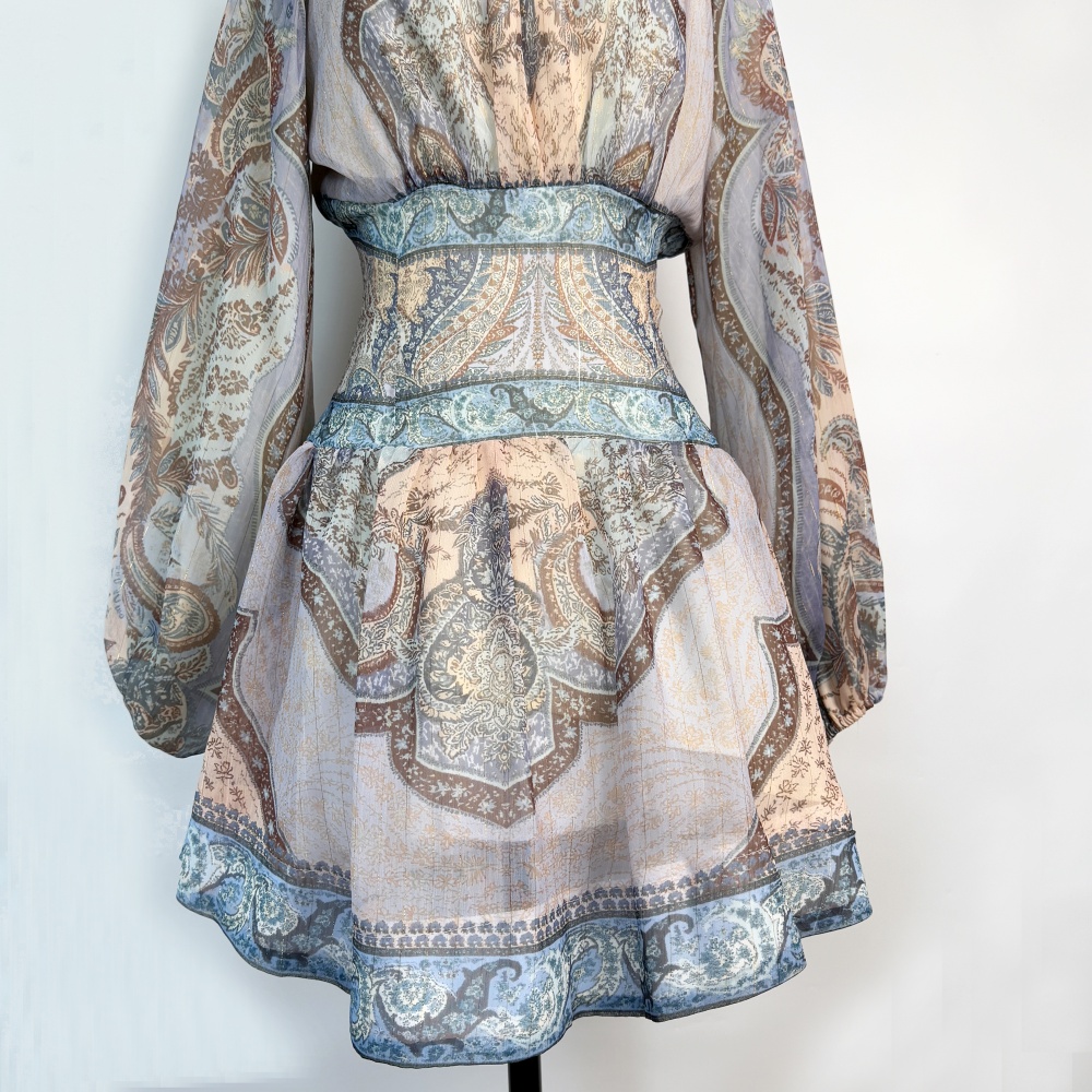 Printing high waist dress elastic waist lantern sleeve T-back