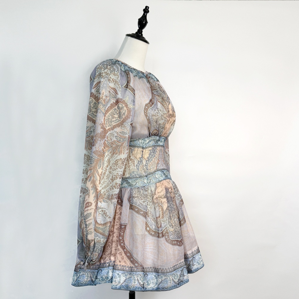 Printing high waist dress elastic waist lantern sleeve T-back