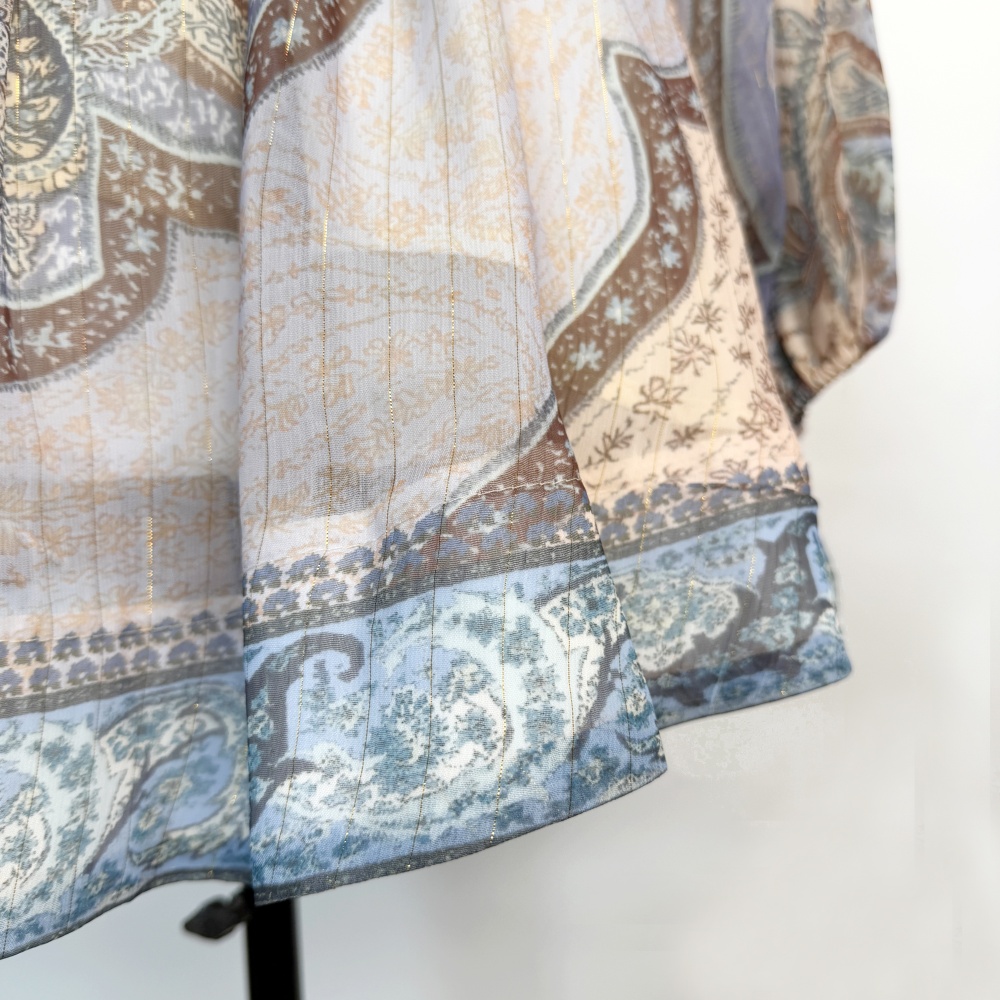 Printing high waist dress elastic waist lantern sleeve T-back