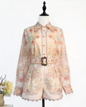 Printing short belt beading wide leg shirt a set