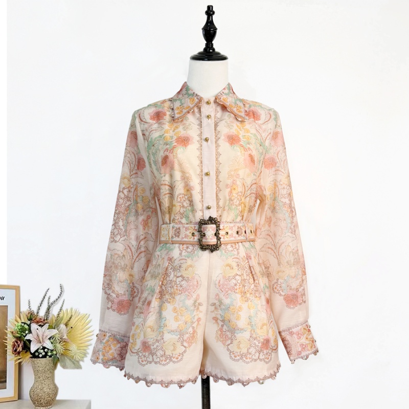 Printing short belt beading wide leg shirt a set