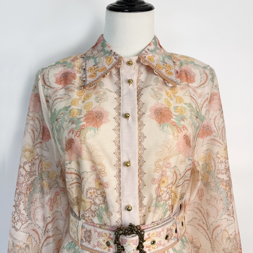 Printing short belt beading wide leg shirt a set