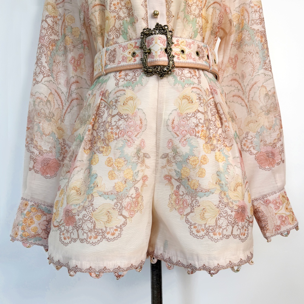 Printing short belt beading wide leg shirt a set