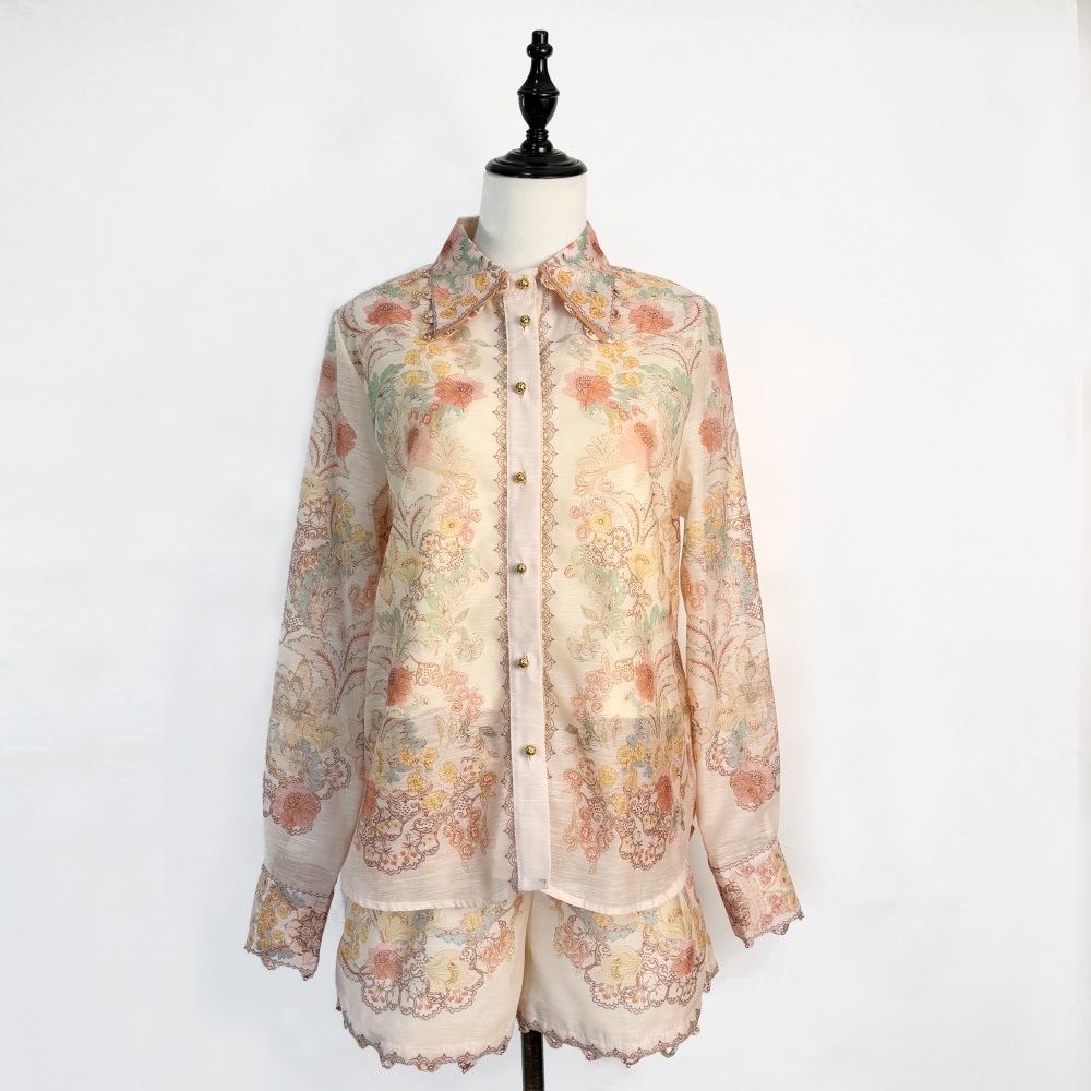 Printing short belt beading wide leg shirt a set