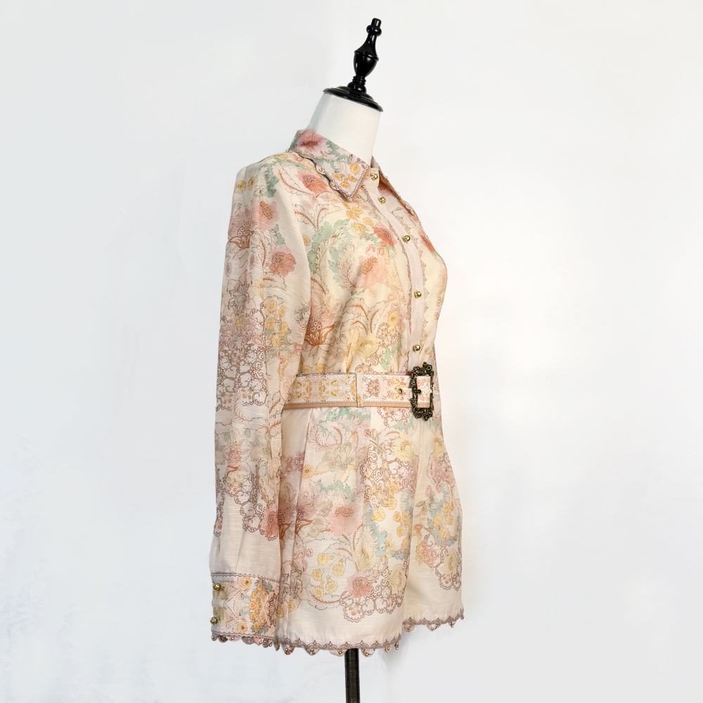 Printing short belt beading wide leg shirt a set