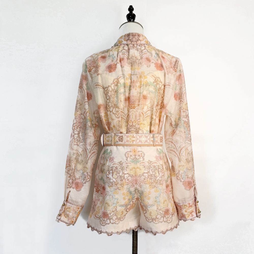 Printing short belt beading wide leg shirt a set