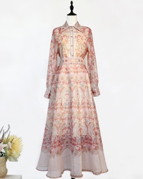 Lapel lantern sleeve skirt high waist shirt a set