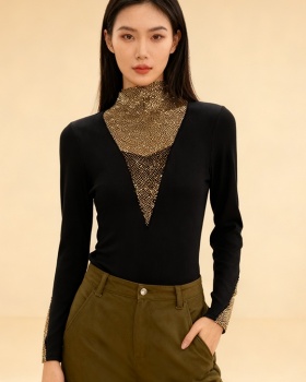 Rhinestone V-neck small shirt light luxury thermal tops