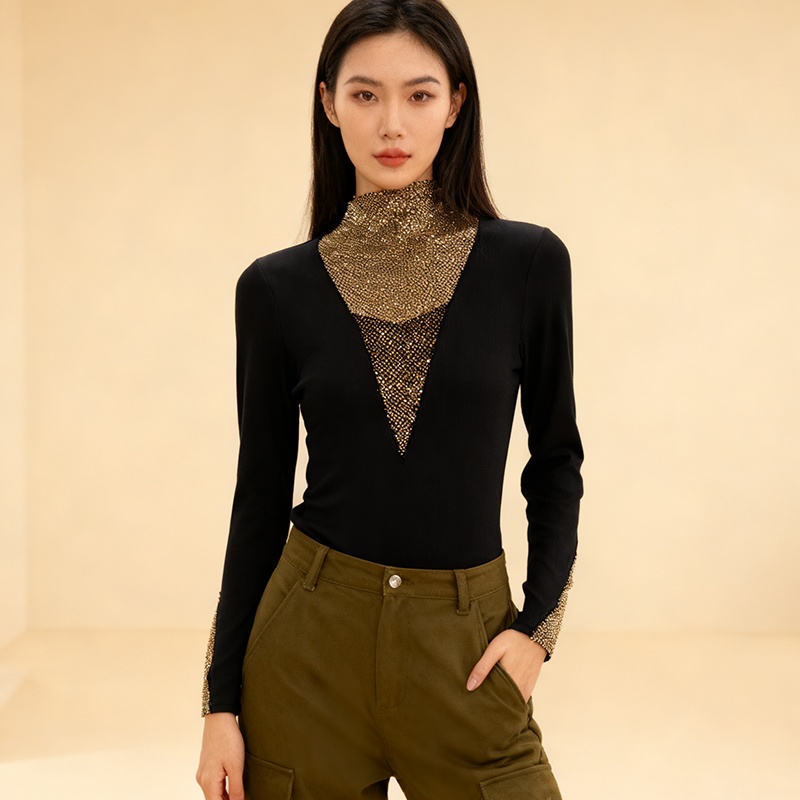 Rhinestone V-neck small shirt light luxury thermal tops