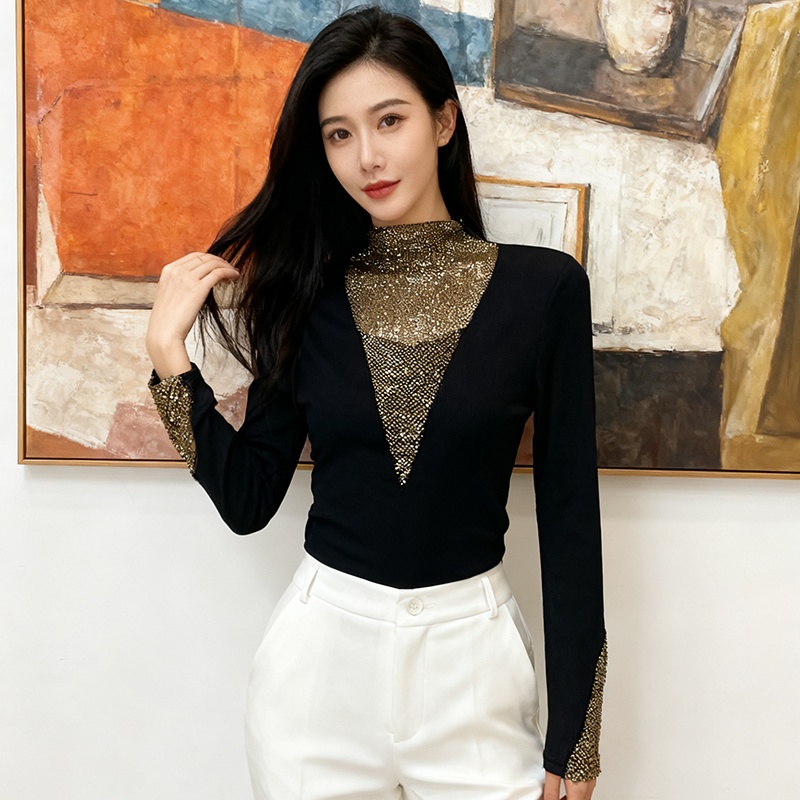 Rhinestone V-neck small shirt light luxury thermal tops