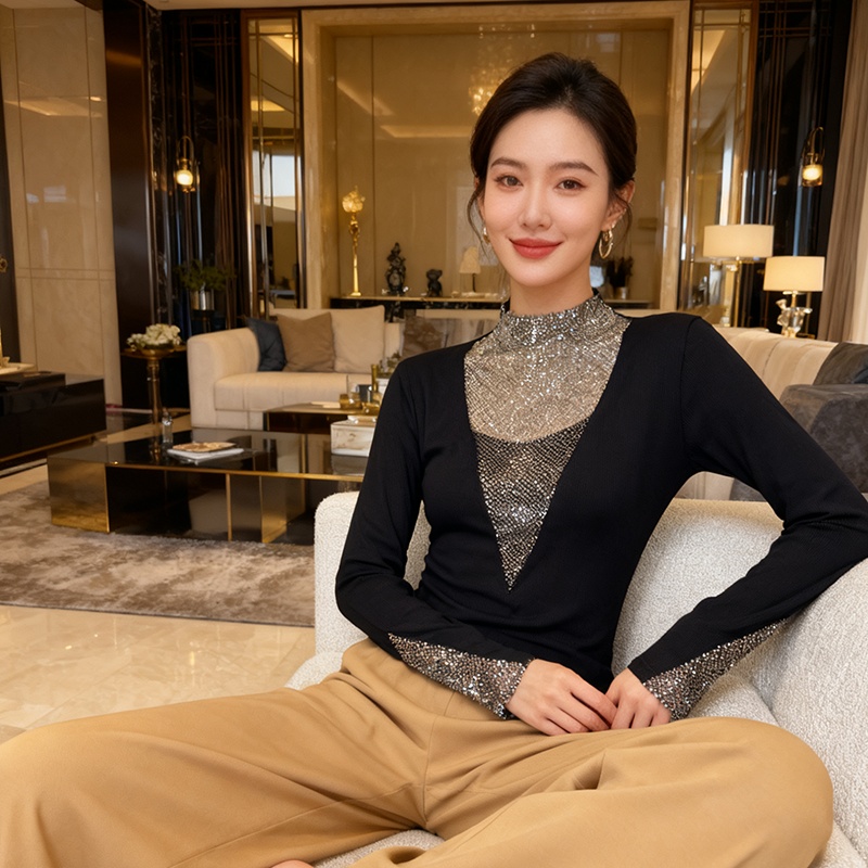 Rhinestone V-neck small shirt light luxury thermal tops