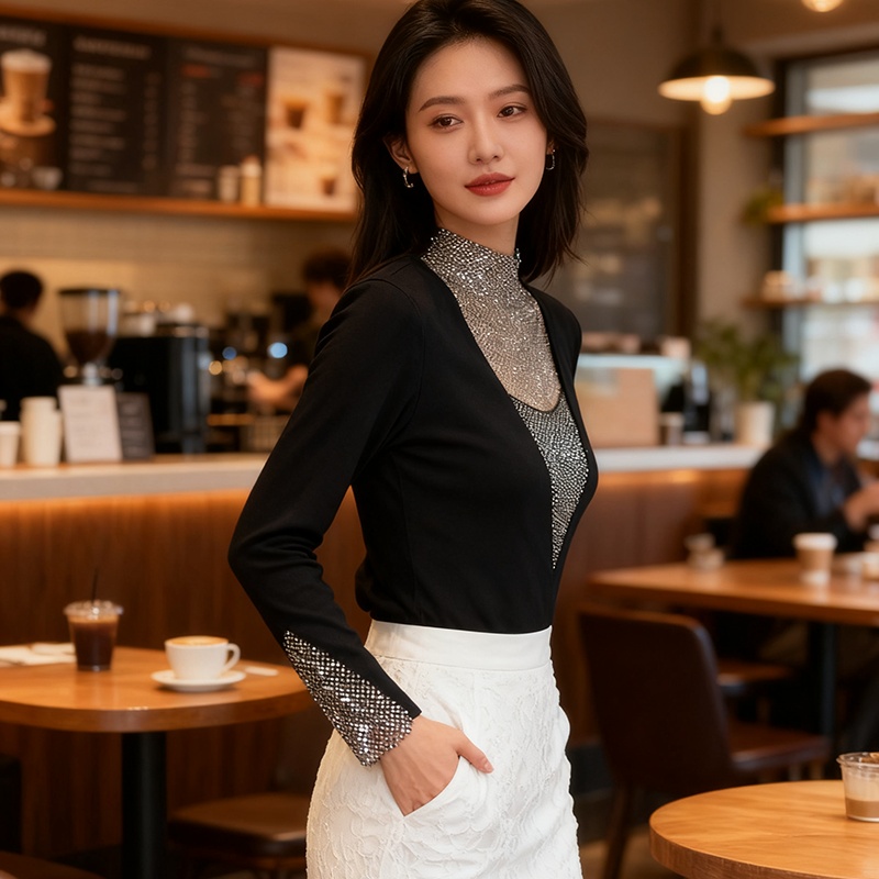 Rhinestone V-neck small shirt light luxury thermal tops