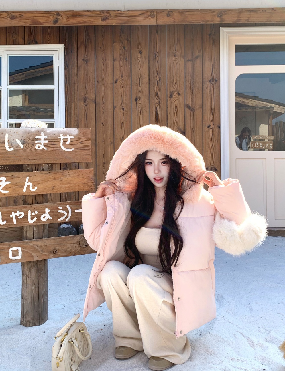 Thermal pink coat hooded cotton coat for women