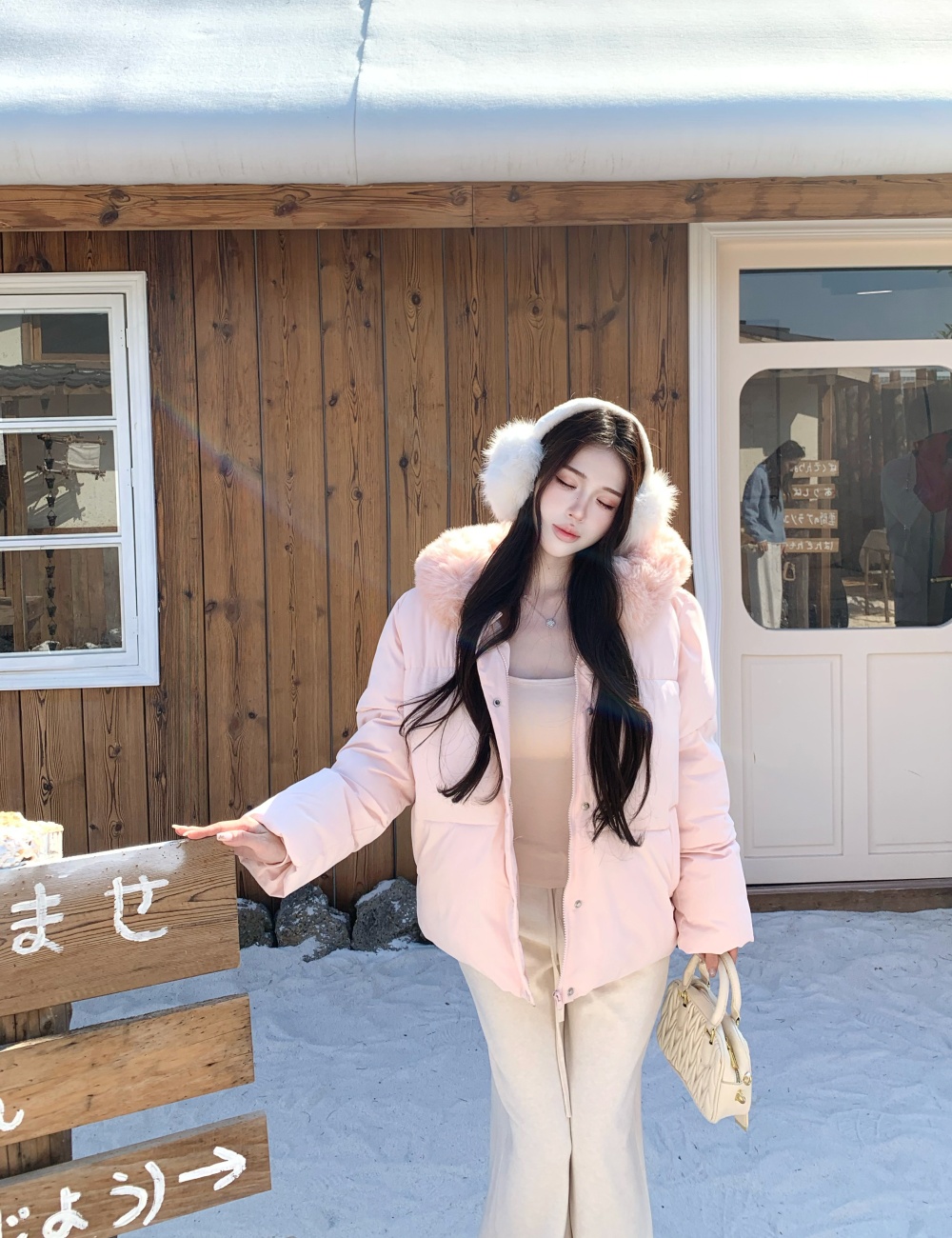 Thermal pink coat hooded cotton coat for women