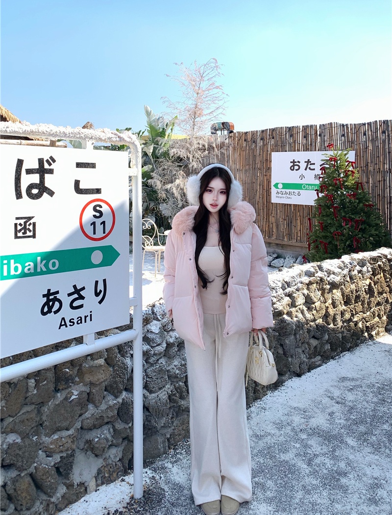 Thermal pink coat hooded cotton coat for women