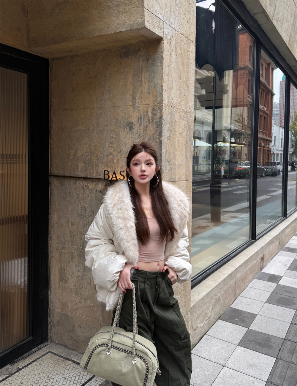 Thick fur collar winter coat thermal splice spicegirl jacket