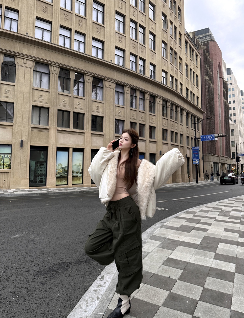 Thick fur collar winter coat thermal splice spicegirl jacket