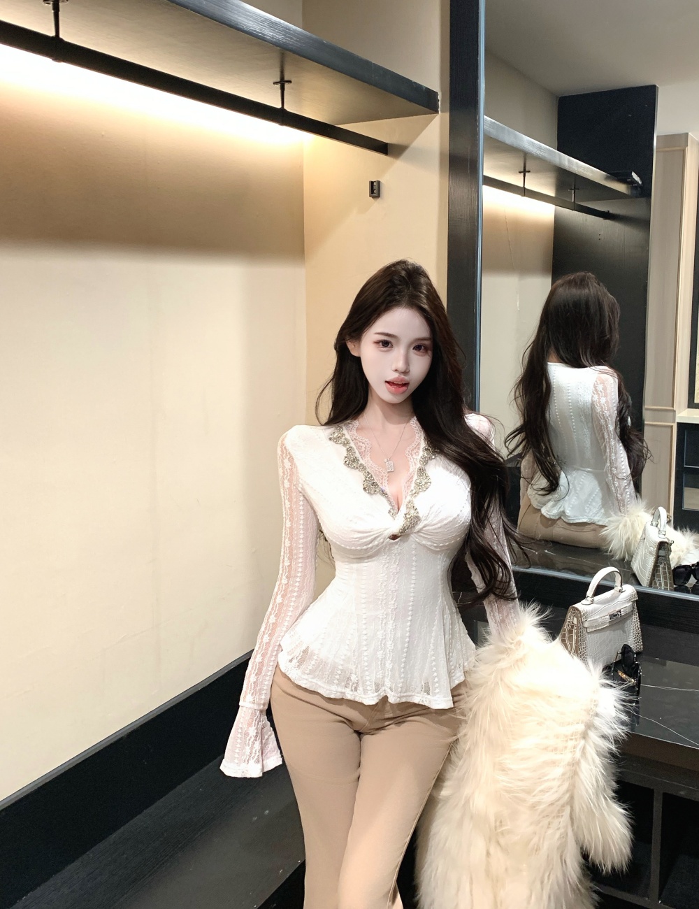 Long sleeve France style shirts pinched waist tops for women