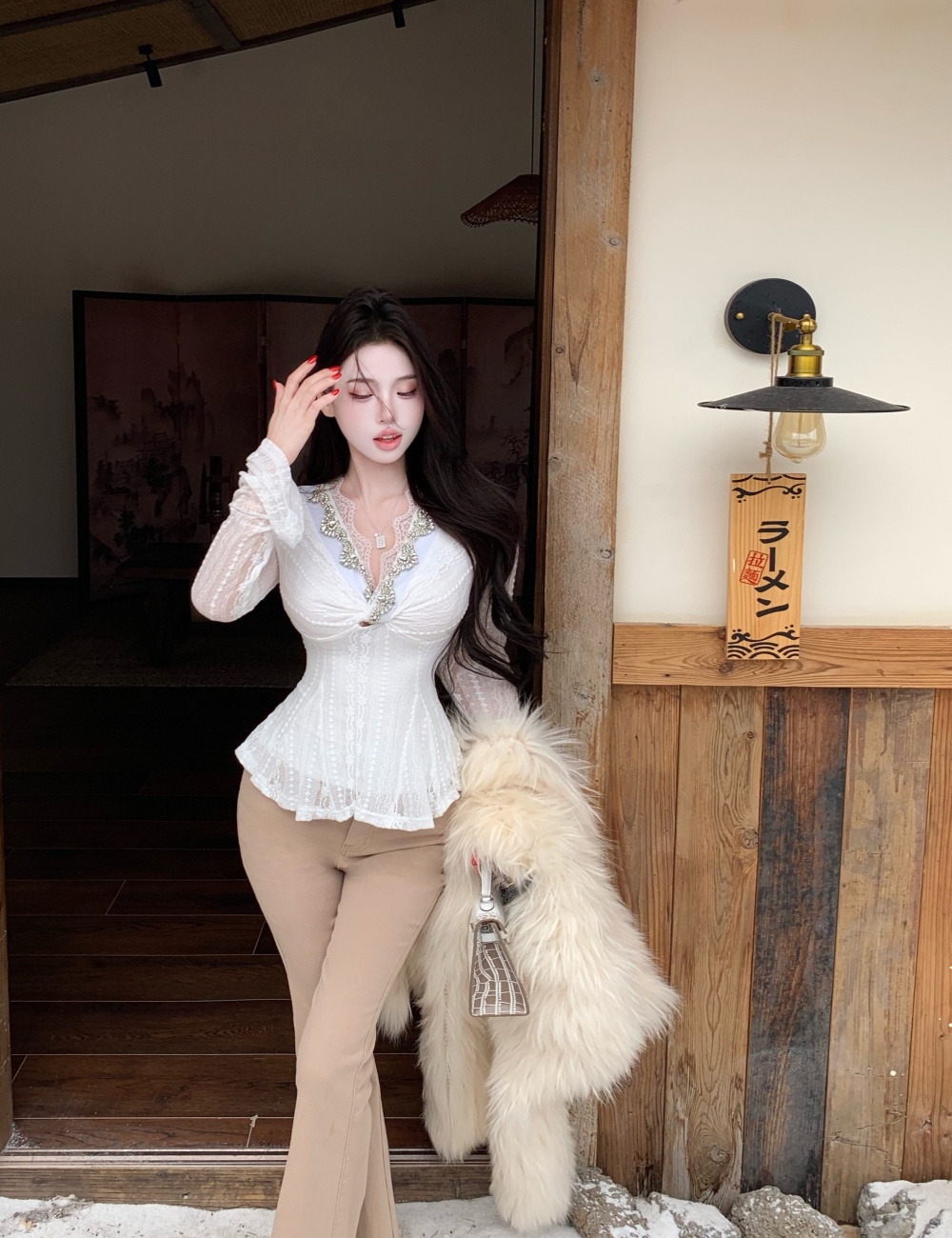 France style pants V-neck shirts 2pcs set for women