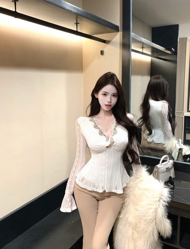 France style pants V-neck shirts 2pcs set for women