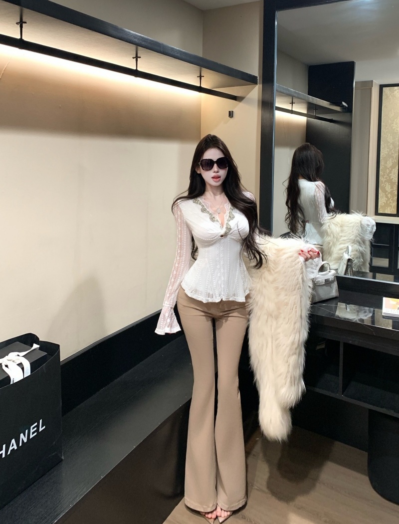 France style pants V-neck shirts 2pcs set for women