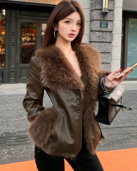Fur collar temperament tops slim leather coat for women