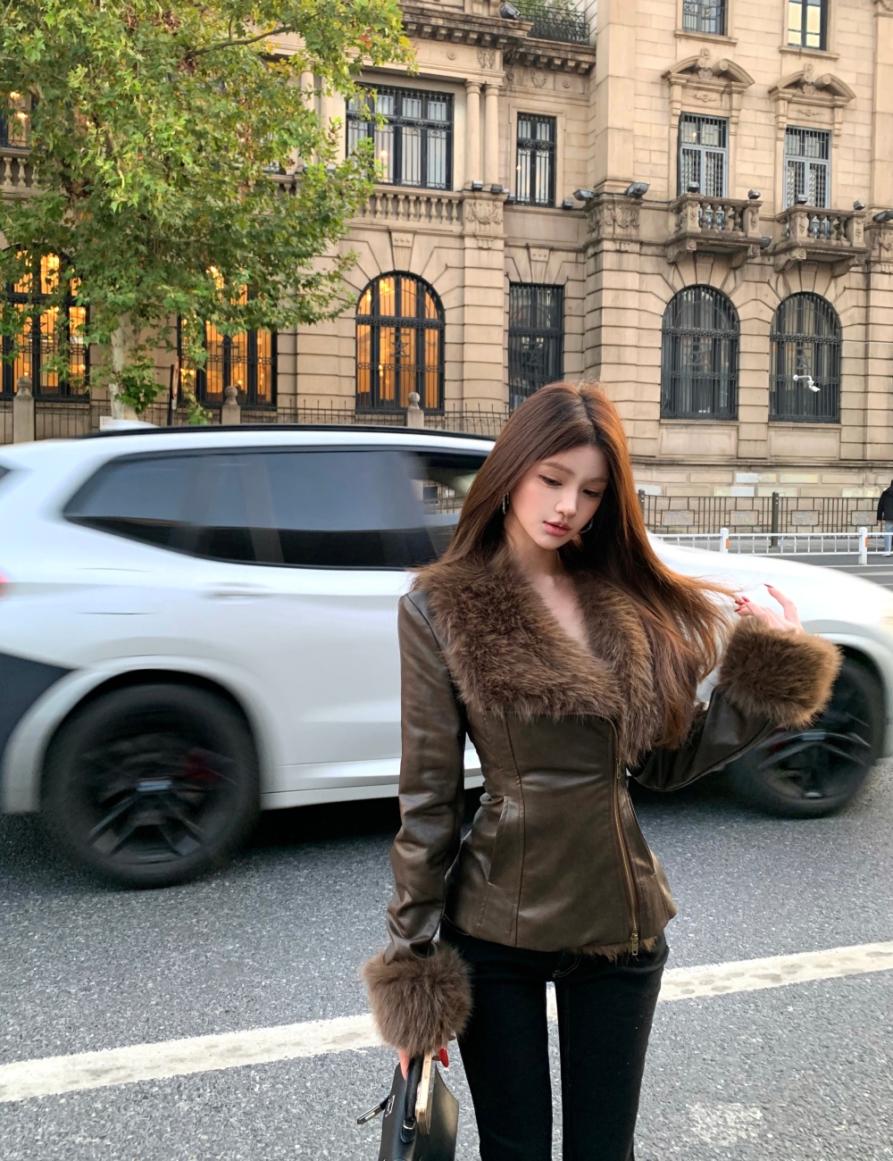 Fur collar temperament tops slim leather coat for women