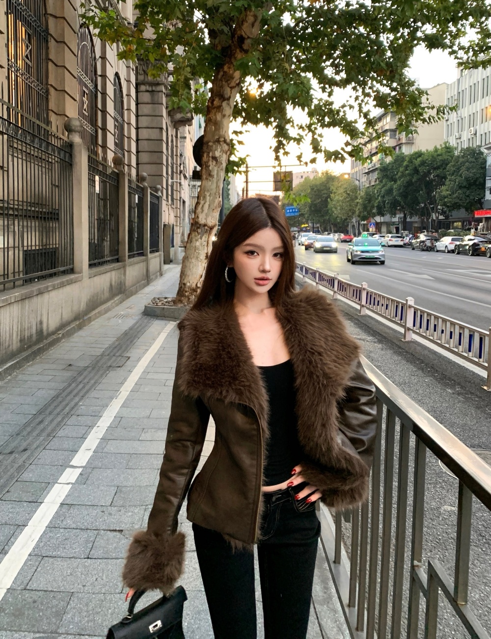 Fur collar temperament tops slim leather coat for women